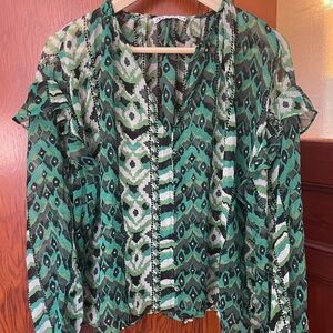 Zara Teal and Black Patterned Blouse